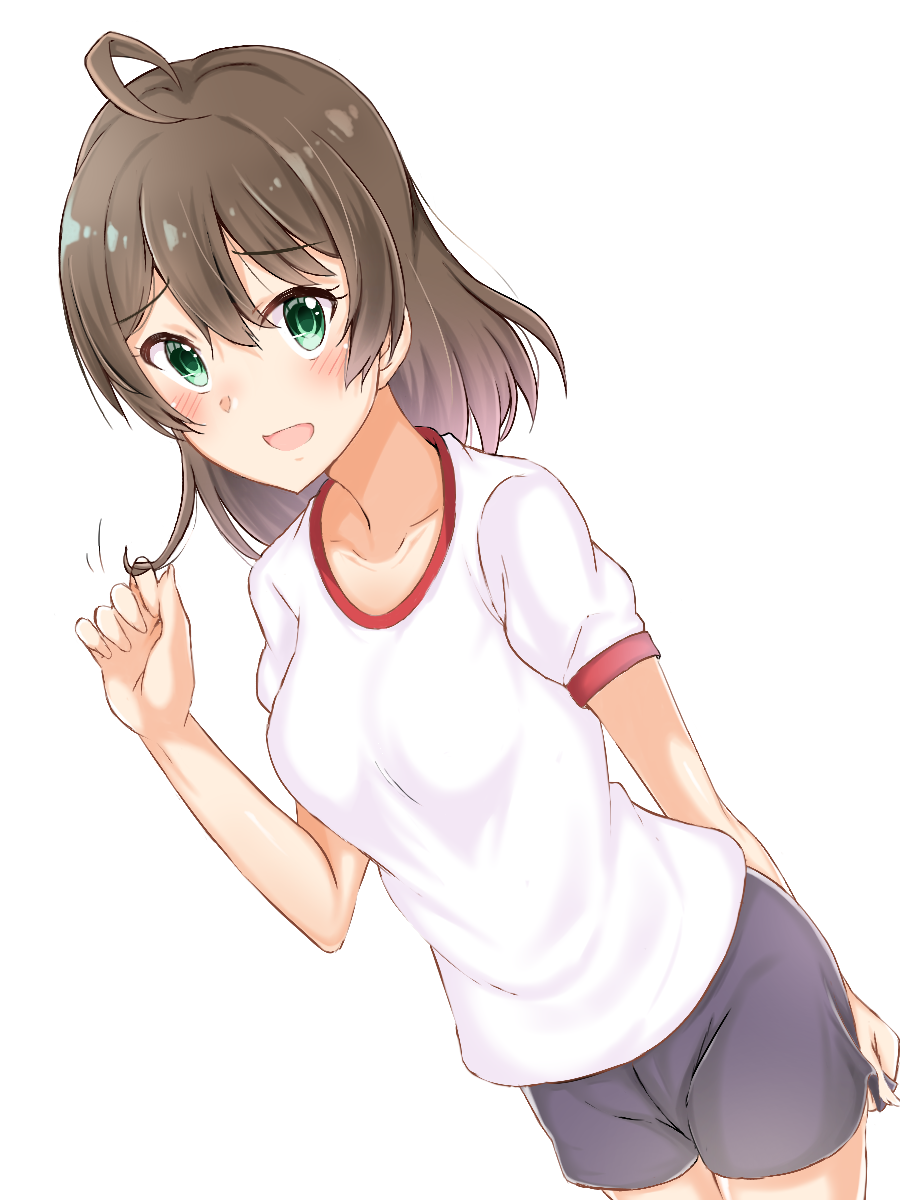 1girl ahoge alternate_hairstyle arm_behind_back blue_shorts brown_hair cowboy_shot dutch_angle eyebrows_visible_through_hair green_eyes gym_uniform hair_between_eyes hair_twirling highres idolmaster idolmaster_million_live! idolmaster_million_live!_theater_days long_hair sakuramori_kaori shiny shiny_hair shirt short_shorts short_sleeves shorts simple_background solo standing tktk135 white_background white_shirt