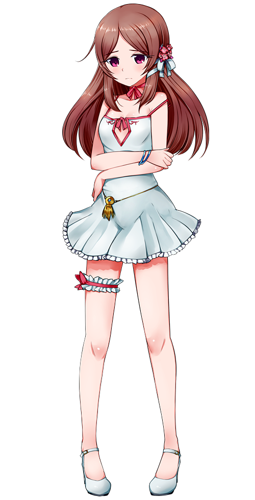 1girl bangle bracelet breasts brown_hair cleavage crossed_arms flower frown full_body hair_flower hair_ornament jewelry long_hair looking_at_viewer noriki_nogi official_art patriarch_xtasy pink_ribbon ribbon sidelocks skirt small_breasts solo standing thigh_strap transparent_background white_footwear white_skirt