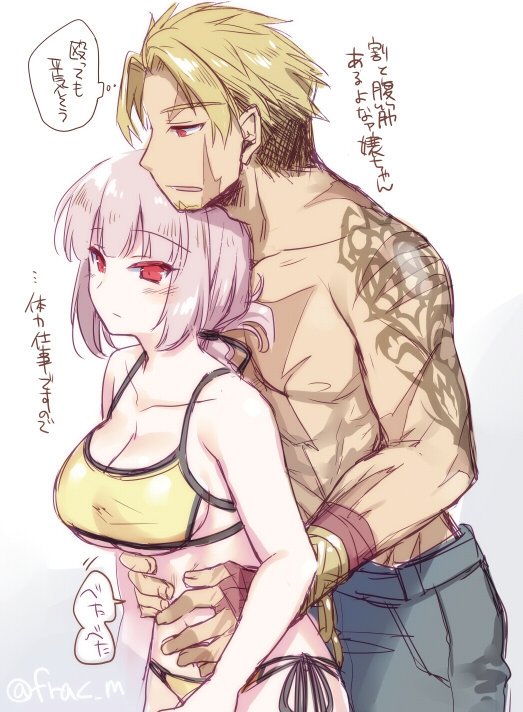 1boy 1girl arm_tattoo bangs beowulf_(fate/grand_order) bikini black_ribbon blonde_hair blue_pants blush braid breasts brown_hair chest_scar closed_mouth eyebrows_visible_through_hair facial_scar fate/grand_order fate_(series) fingernails florence_nightingale_(fate/grand_order) grey_background hair_ribbon hands_on_another's_stomach large_breasts long_hair motomiya_mitsuki muscle pants parted_lips red_eyes ribbon scar scar_on_cheek shirtless side-tie_bikini swimsuit tattoo translation_request twitter_username two-tone_background white_background yellow_bikini
