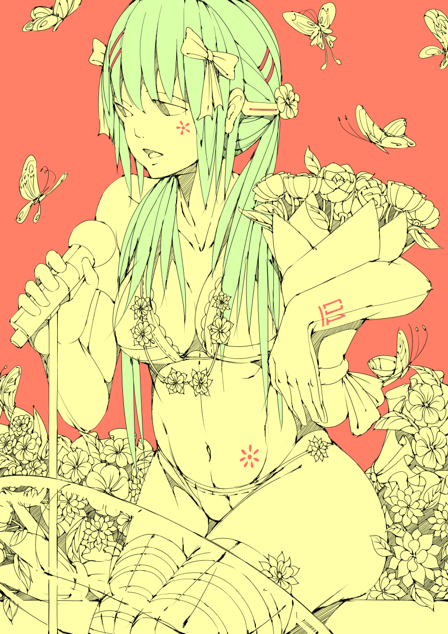 1girl antennae bikini bikini_top bouquet bow breasts bug butterfly collarbone facial_tattoo flower flower_necklace gloves green_hair hair_bow hair_ornament hair_ribbon hairclip hatsune_miku highres holding holding_microphone hsumiaochan insect jewelry leaf lifebuoy long_hair medium_breasts microphone microphone_stand navel necklace open_eyes open_mouth petals red_background ribbon sitting solo stomach stomach_tattoo swimsuit tattoo thick_thighs thigh-highs thighs twintails vocaloid yellow yellow_butterfly