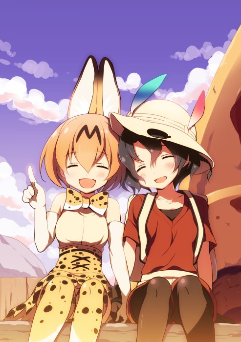 2girls animal_ears backpack bag bangs black_legwear blonde_hair blue_sky closed_eyes clouds cloudy_sky commentary_request day facing_viewer hand_holding hat hat_feather helmet high-waist_skirt kaban_(kemono_friends) kemono_friends multiple_girls odawara_hakone open_mouth outdoors pantyhose pantyhose_under_shorts pith_helmet pointing print_legwear print_neckwear print_skirt red_shirt serval_(kemono_friends) serval_ears shirt short_hair short_sleeves shorts side-by-side sitting skirt sky sleeveless sleeveless_shirt smile thigh-highs white_hat white_shirt yellow_legwear yellow_neckwear yellow_skirt