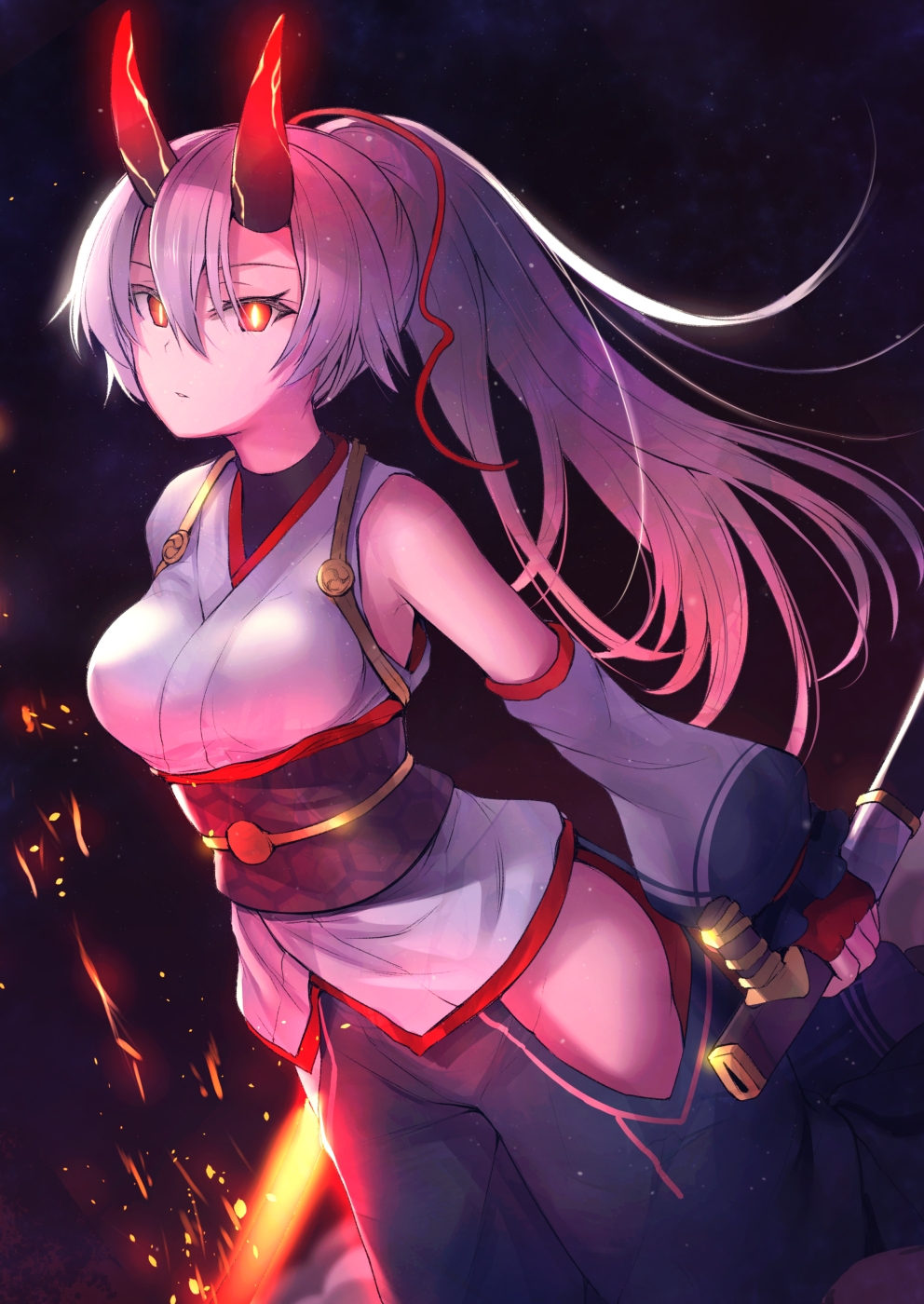 1girl bare_shoulders breasts bright_pupils dark_background detached_sleeves dutch_angle fate/grand_order fate_(series) fire flaming_sword glowing glowing_eyes gradient_hair grey_hair groin hair_between_eyes highres hip_vent holding holding_sword holding_weapon japanese_clothes kimono long_hair long_sleeves looking_at_viewer medium_breasts multicolored_hair obi oni_horns pants parted_lips pink_hair red_eyes sash sheath shiba_nanasei solo sword tomoe_gozen_(fate/grand_order) very_long_hair weapon white_kimono yellow_pupils