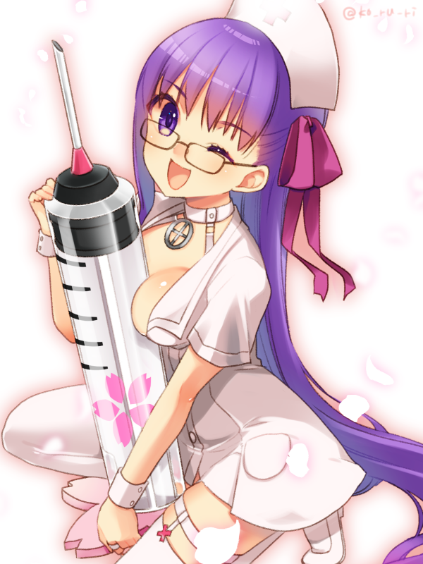 1girl ;d alternate_costume bangs bb_(fate)_(all) bb_(fate/extra_ccc) bb_shot! between_breasts black-framed_eyewear blush breasts choker eyebrows_visible_through_hair fate/extra fate/extra_ccc fate_(series) glasses hair_ribbon hat head_tilt holding jewelry koruri long_hair looking_at_viewer medium_breasts nurse nurse_cap one_eye_closed one_knee open_mouth oversized_object pendant petals pink_ribbon purple_hair ribbon ring short_sleeves smile solo straight_hair syringe tareme thigh-highs thigh_strap twitter_username v-shaped_eyebrows very_long_hair violet_eyes white_choker white_legwear wrist_cuffs