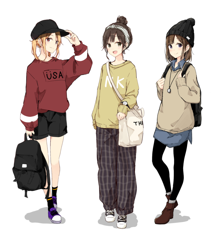 3girls :d adjusting_clothes adjusting_hat bag bangs baseball_cap beanie beige_sweater black_backpack black_eyes black_footwear black_hair black_hat black_legwear black_pants black_shorts blonde_hair boots brown_eyes brown_footwear clothes_writing full_body grey_sweater hair_bun hairband hat holding_backpack holding_strap jewelry looking_at_viewer multiple_girls open_mouth original pants pantyhose pendant plaid plaid_pants purple_footwear red_shirt shiina_kuro shirt shoes short_hair shorts shoulder_bag sidelocks smile sneakers socks standing sweater sweatshirt twintails watch watch white_background