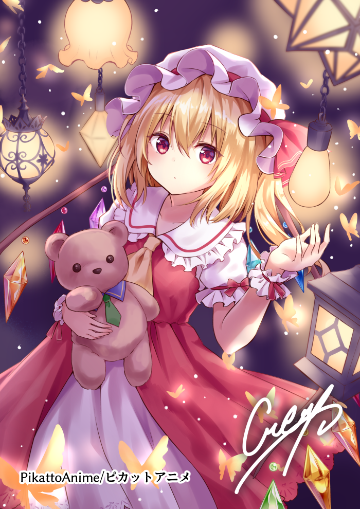 1girl :&lt; adapted_costume ascot blonde_hair blush bug butterfly chains closed_mouth cowboy_shot crystal dress eyebrows_visible_through_hair flandre_scarlet frilled_shirt_collar frilled_sleeves frills hat hat_ribbon holding holding_stuffed_animal insect kure~pu lantern light_bulb looking_at_viewer medium_hair mob_cap one_side_up puffy_short_sleeves puffy_sleeves red_dress red_eyes red_ribbon ribbon short_sleeves signature solo stuffed_animal stuffed_toy teddy_bear touhou watermark wings wrist_cuffs yellow_neckwear
