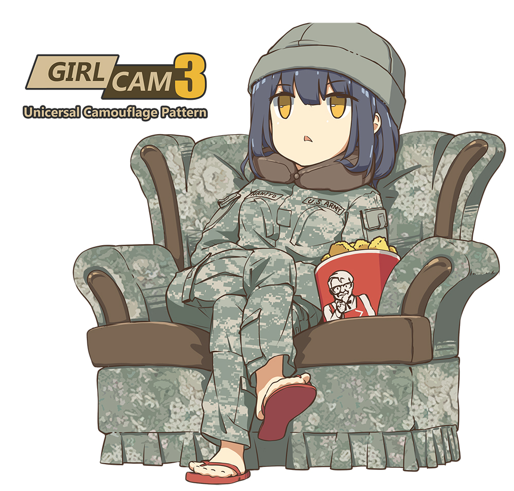 1girl beanie black_hair brown_eyes camouflage chair copyright_name crossed_arms easy_chair hat kfc legs_crossed military military_uniform neck_pillow no_pupils open_mouth original simple_background sitting slippers soldier solo tantu_(tc1995) uniform us_army white_background