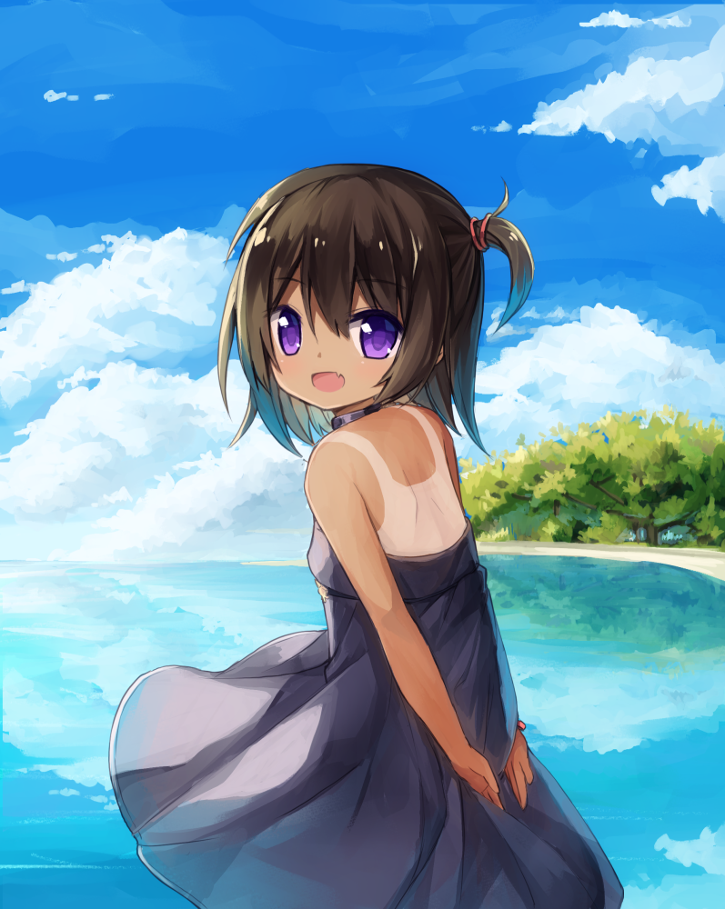 1girl :d arms_behind_back bangs bare_arms bare_shoulders beach black_dress blue_sky brown_hair clouds cloudy_sky day dress eyebrows_visible_through_hair fang hair_between_eyes horizon looking_at_viewer looking_to_the_side ocean one-piece_tan one_side_up open_mouth original outdoors reflection sand sky sleeveless sleeveless_dress smile solo standing tan tanline tree violet_eyes water yuuhagi_(amaretto-no-natsu)