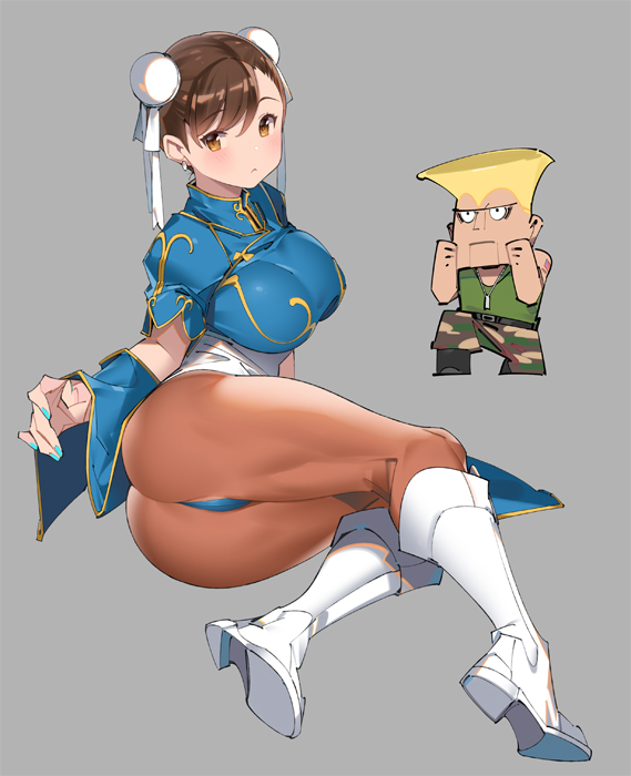 1boy 1girl ass bangs blonde_hair blush boots breasts brown_eyes brown_hair camouflage capcom chibi chinese_clothes chun-li closed_mouth commentary_request dog_tags double_bun earrings eyebrows_visible_through_hair fingernails full_body grey_background guile jewelry knee_boots large_breasts looking_at_viewer nail_polish pants pantyhose pop_kyun short_sleeves simple_background sitting street_fighter tattoo thighs white_footwear