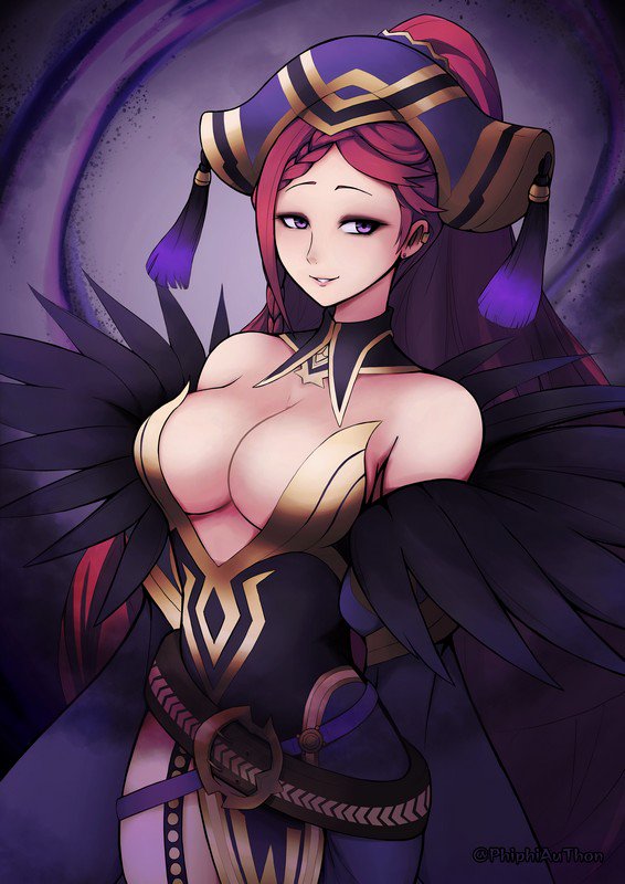 1girl bare_shoulders breasts cleavage detached_collar dress fire_emblem fire_emblem_heroes hat large_breasts loki_(fire_emblem_heroes) long_hair nintendo parted_lips phiphi-au-thon purple_hair solo twitter_username violet_eyes