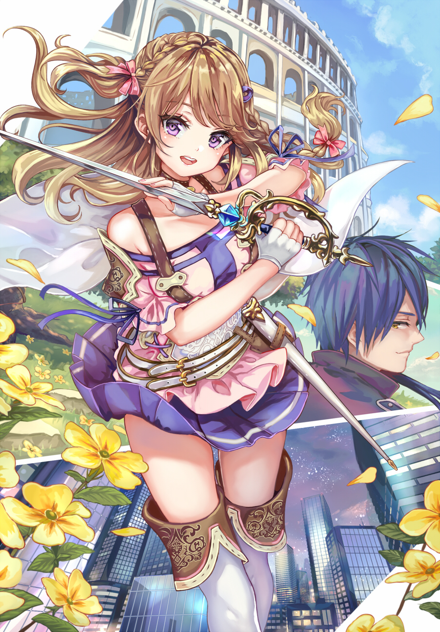1boy 1girl arm_guards bangs bare_shoulders blue_hair blush boots braid braiding_hair building character_request cityscape clouds collar colosseum commentary_request day dress eyebrows_visible_through_hair fingerless_gloves flower gloves hair_ribbon hairdressing highres holding holding_sword holding_weapon knee_boots light_brown_hair long_hair looking_at_viewer off-shoulder_dress off_shoulder official_art open_mouth original petals pink_ribbon pisuke purple_skirt rapier ribbon sheath short_hair skirt sky smile solo_focus strap sword tied_hair twin_braids violet_eyes weapon white_gloves white_legwear yellow_eyes yellow_flower