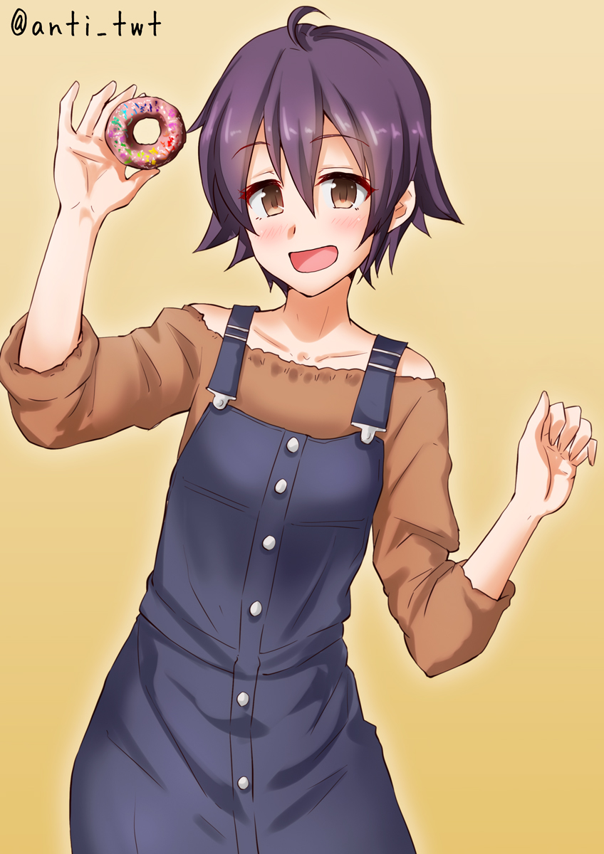 1girl alternate_costume anti_(untea9) bare_shoulders brown_background brown_blouse casual commentary_request contemporary cowboy_shot doughnut food gradient gradient_background highres kantai_collection looking_at_viewer off-shoulder_blouse open_mouth overalls sakawa_(kantai_collection) smile solo standing twitter_username