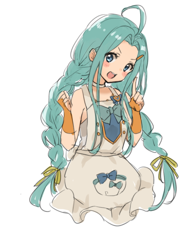 1girl :d ahoge apron bangs bare_shoulders blue_bow blue_eyes blue_hair blush bow braid dress fingerless_gloves forehead frilled_apron frills gloves granblue_fantasy hair_ornament hair_ribbon hairclip hands_up head_tilt index_finger_raised long_hair low_twintails lyria_(granblue_fantasy) nuno_(pppompon) open_mouth orange_gloves parted_bangs ribbon simple_background sketch sleeveless sleeveless_dress smile solo twin_braids twintails upper_body very_long_hair white_apron white_background white_dress yellow_ribbon