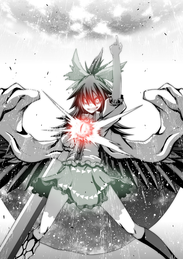 1girl akaneharu_ohkami arm_cannon asymmetrical_legwear black_wings cape fireball glowing glowing_eyes greyscale grin monochrome pointing pointing_up red_eyes reiuji_utsuho skirt smile spot_color third_eye touhou weapon wings