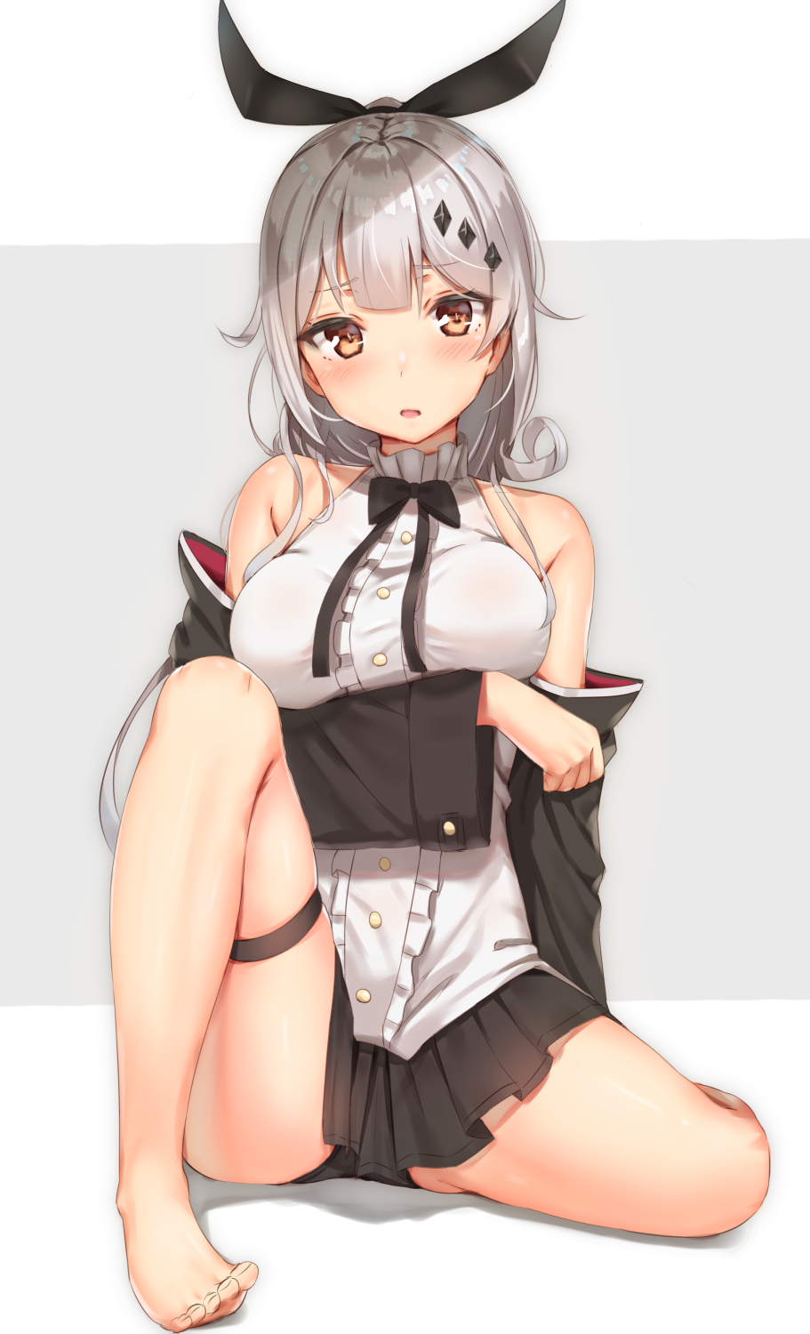 1girl arm_support arm_under_breasts bangs bare_shoulders barefoot black_neckwear blouse blush bow bowtie breasts brown_eyes cleavage closed_mouth eyebrows_visible_through_hair five-seven_(girls_frontline) girls_frontline hair_between_eyes hair_ornament hair_ribbon highres jacket jewelry large_breasts long_hair looking_at_viewer off_shoulder open_mouth pleated_skirt ponytail reinama ribbon sidelocks silver_hair simple_background sitting skindentation skirt sleeveless_blouse solo thigh_strap very_long_hair white_blouse