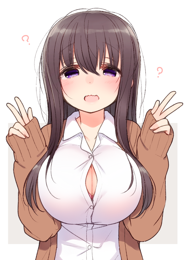 1girl ? bangs blush breasts brown_hair button_gap cardigan double_v eyebrows_visible_through_hair hair_between_eyes half-closed_eyes huge_breasts long_hair looking_at_viewer nekoume open_cardigan open_clothes open_mouth original shirt sidelocks smile solo tareme upper_body v violet_eyes white_shirt