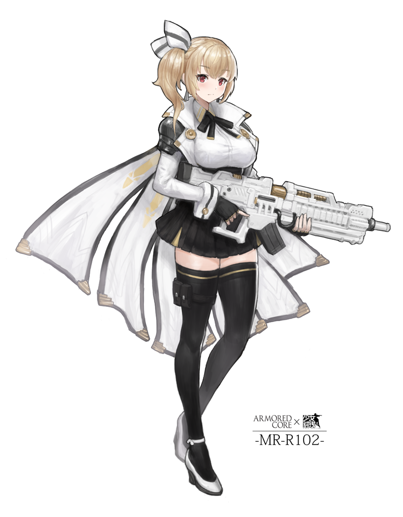 1girl armored_core bangs black_gloves black_legwear black_neckwear black_skirt blonde_hair blush breasts cape closed_mouth collared_jacket collared_shirt earrings edward_montenegro eyebrows_visible_through_hair fingerless_gloves full_body girls_frontline gloves gun hair_ribbon holding holding_weapon jacket jewelry large_breasts long_sleeves looking_at_viewer miniskirt neck_ribbon one_side_up open_clothes open_jacket original personification pleated_skirt red_eyes ribbon rifle shirt short_hair shoulder_armor simple_background skirt solo spaulders standing thigh-highs thigh_pouch thigh_strap trigger_discipline weapon white_background white_footwear white_jacket white_shirt wing_collar wrist_cuffs
