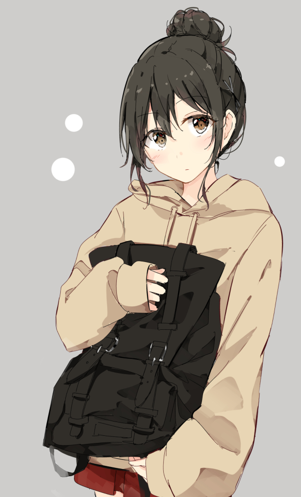 1girl bangs beige_hoodie black_backpack black_hair brown_eyes drawstring expressionless grey_background hair_bun hair_ornament hairpin holding_backpack hood hood_down long_sleeves looking_at_viewer miniskirt original red_skirt shiina_kuro sidelocks simple_background skirt sleeves_past_wrists solo upper_body