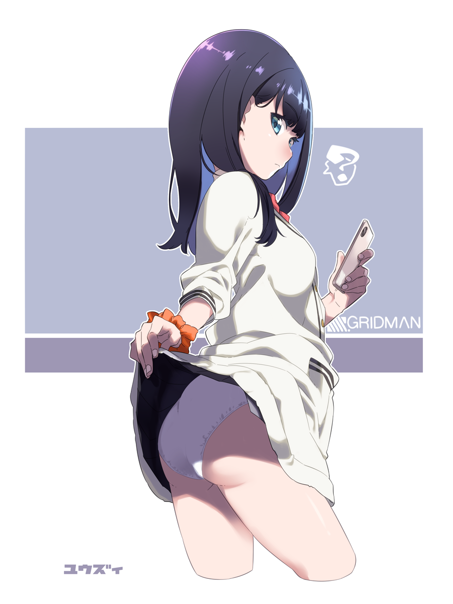 1girl ? artist_name ass bangs black_hair black_skirt blue_eyes blush breasts cardigan cellphone closed_mouth contrapposto copyright_name cropped_legs eyebrows_visible_through_hair from_side hand_up highres holding holding_phone long_hair looking_at_viewer panties pantyshot phone scrunchie skirt skirt_lift small_breasts smartphone solo spoken_question_mark ssss.gridman takarada_rikka underwear white_panties wrist_scrunchie yuuzii