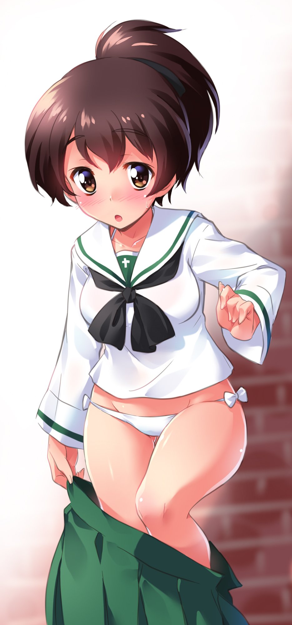 1girl bangs bikini black_neckwear black_ribbon blouse blurry blurry_background blush brick_wall brown_eyes brown_hair commentary_request cowboy_shot depth_of_field embarrassed eyebrows_visible_through_hair girls_und_panzer gluteal_fold green_skirt hair_ribbon highres koyama_yuzu kuzuryuu_kennosuke long_sleeves looking_at_viewer neckerchief ooarai_school_uniform open_clothes open_mouth open_skirt pleated_skirt pulled_by_self ribbon school_uniform serafuku short_hair short_ponytail skindentation skirt skirt_pull solo standing sweatdrop swimsuit swimsuit_under_clothes thigh_gap thighs white_bikini white_blouse