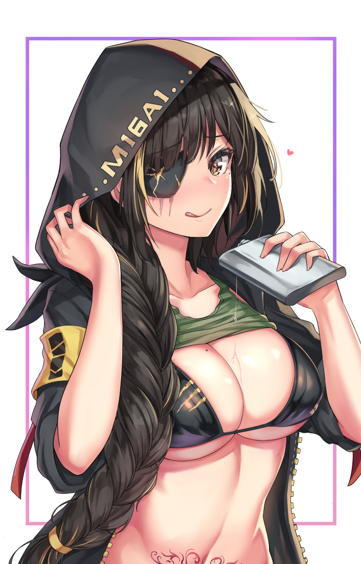 1girl adapted_costume alcohol armband bangs bikini black_bikini black_hair blonde_hair blush braid breasts cenangam character_name eyepatch floating_heart girls_frontline hand_up holding_flask hood hood_up hooded_jacket jacket large_breasts licking_lips long_hair looking_at_viewer m16a1_(girls_frontline) mole mole_on_breast mole_under_eye multicolored_hair navel outside_border pouring scar scar_across_eye scarf single_braid smile stomach streaked_hair swimsuit tank_top_lift tattoo toned tongue tongue_out unzipped upper_body