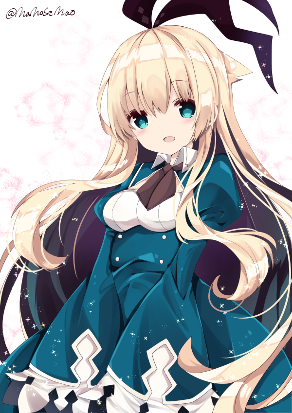 1girl :d alice_(grimms_notes) bangs black_ribbon blonde_hair blue_dress blush breasts brown_neckwear collared_dress commentary_request dress eyebrows_visible_through_hair green_eyes grimms_notes hair_between_eyes hair_ribbon head_tilt juliet_sleeves long_hair long_sleeves medium_breasts nanase_nao open_mouth puffy_sleeves ribbon sleeves_past_fingers sleeves_past_wrists smile solo twitter_username upper_body very_long_hair
