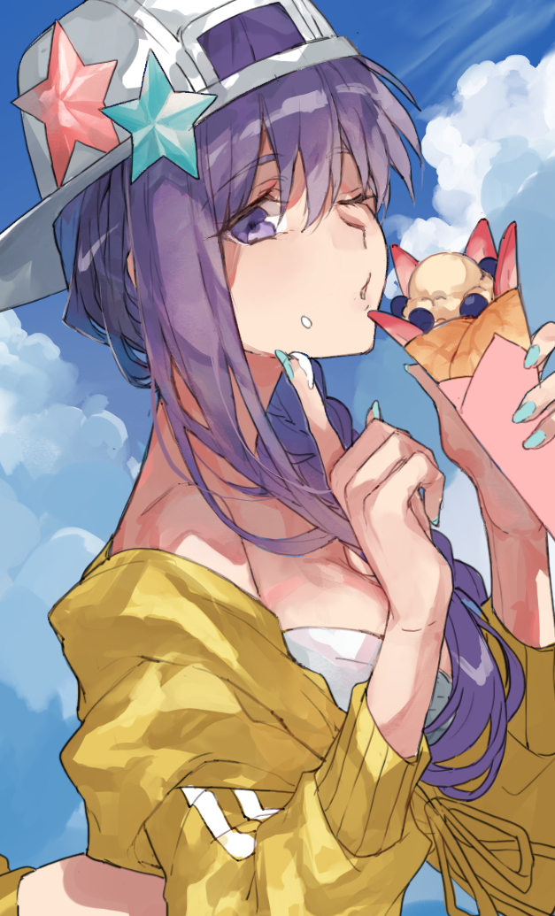 1girl bb_(fate)_(all) bb_(swimsuit_mooncancer)_(fate) bikini blue_nails blue_sky braid breasts cleavage clouds cream cream_on_face crepe day eyes fate/grand_order fate_(series) food food_on_face hair_between_eyes hair_over_shoulder hat holding holding_food looking_at_viewer medium_breasts nail_polish off_shoulder open_mouth outdoors purple_hair ribbon single_braid sketch sky solo star_hat_ornament strapless strapless_bikini sweater swimsuit violet_eyes waltz_(tram) white_bikini yellow_ribbon yellow_sweater