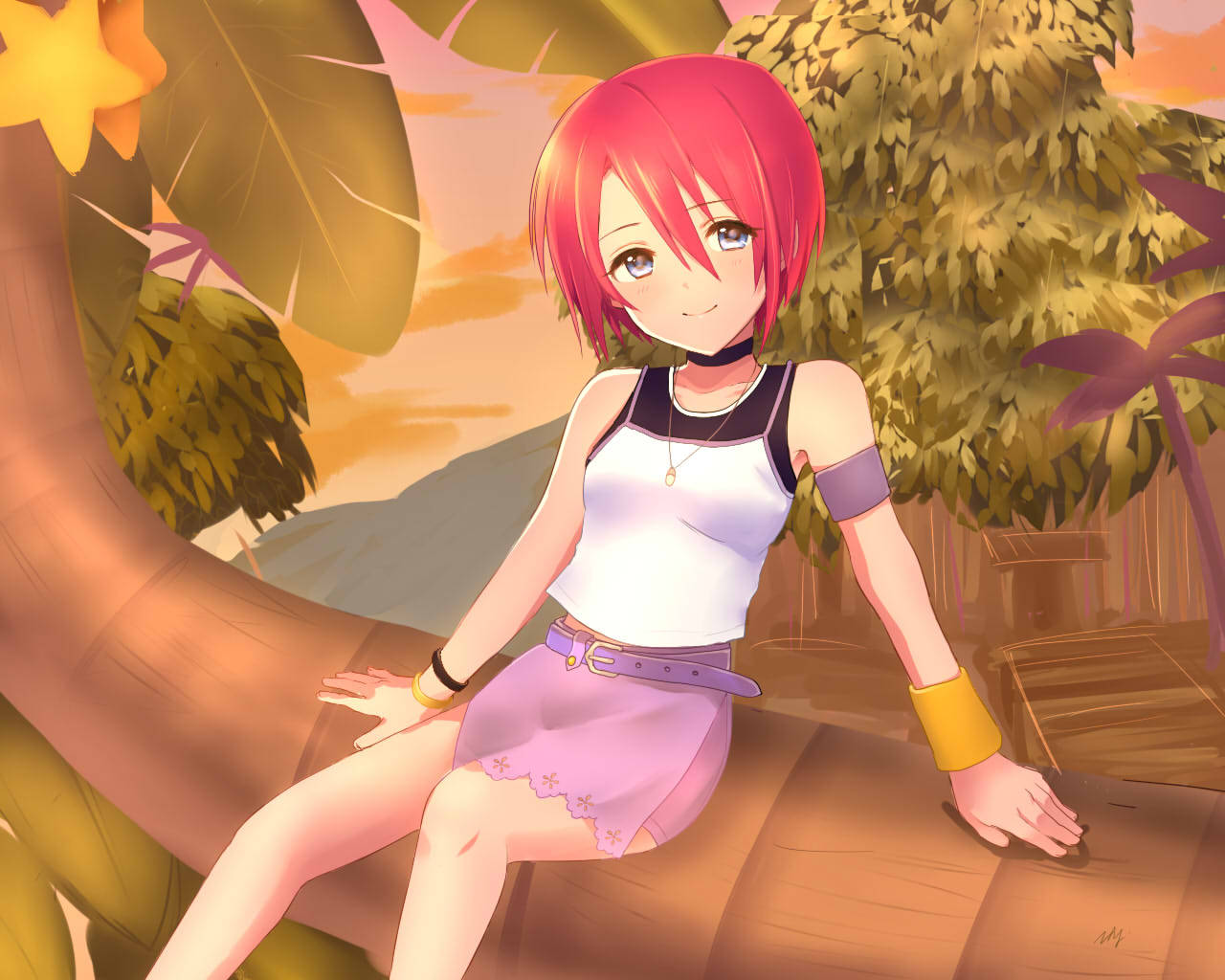 1girl bangs bare_shoulders belt black_choker blue_eyes bracelet choker closed_mouth clouds eyebrows_visible_through_hair hair_between_eyes jewelry kairi_(kingdom_hearts) kingdom_hearts kingdom_hearts_i miniskirt mizu_ramen necklace outdoors palm_tree paopu_fruit purple_belt purple_skirt redhead short_hair sitting skirt smile solo tank_top tree twilight wristband