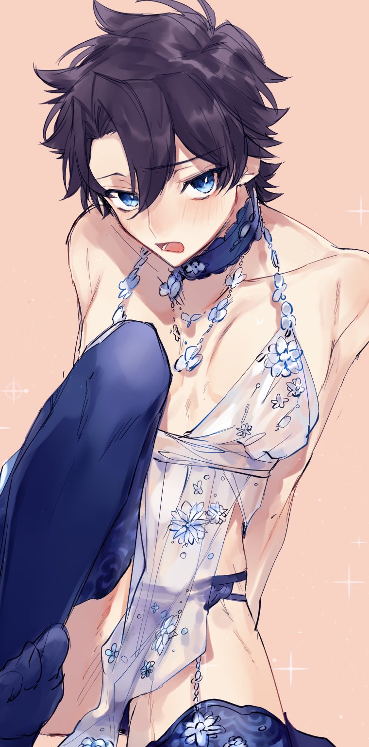 1boy arm_support artoria_pendragon_(all) artoria_pendragon_(lancer_alter) artoria_pendragon_(lancer_alter)_(cosplay) babydoll black_panties blue_eyes bright_pupils cosplay crossdressinging fate/grand_order fate_(series) fujimaru_ritsuka_(male) garter_belt highres lingerie looking_at_viewer male_focus panties pink_background royal_icing see-through simple_background solo thigh-highs underwear