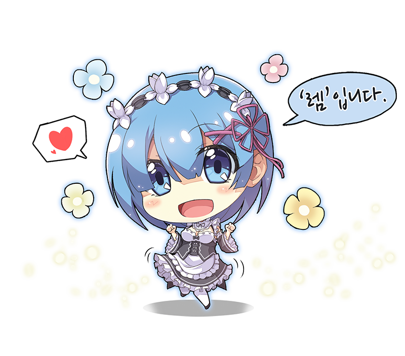 1girl :d apron bangs black_dress black_sleeves blue_eyes blue_flower blue_hair blush chibi detached_sleeves dress eyebrows_visible_through_hair flower frilled_apron frilled_dress frilled_sleeves frills hair_between_eyes hair_ornament hair_ribbon hands_up head_tilt heart korean long_sleeves looking_at_viewer maid open_mouth pantyhose pink_ribbon ram_(re:zero) re:zero_kara_hajimeru_isekai_seikatsu red_flower ribbon sleeveless sleeveless_dress smile solo sora_(dkssud6580) spoken_heart standing standing_on_one_leg translation_request waist_apron white_apron white_background white_legwear wide_sleeves x_hair_ornament yellow_flower