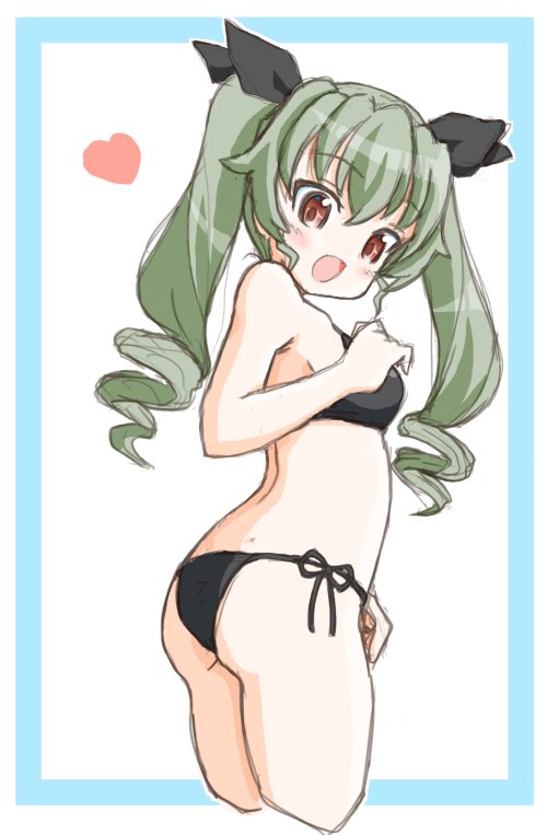 1girl :d anchovy ass bangs bikini black_bikini black_ribbon blue_border border commentary cropped_legs drill_hair ehime_mikan eyebrows_visible_through_hair from_side girls_und_panzer hair_ribbon heart long_hair looking_at_viewer looking_back open_mouth outside_border red_eyes ribbon side-tie_bikini smile solo swimsuit twin_drills twintails