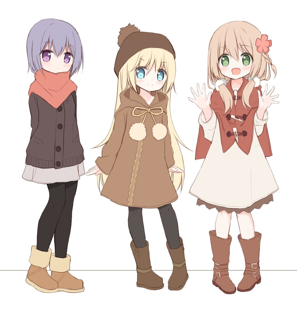 3girls :d arms_behind_back bangs black_legwear blonde_hair blue_eyes blush boots braid brown_cardigan brown_dress brown_footwear cardigan closed_mouth dress eyebrows_visible_through_hair flower fur-trimmed_boots fur_trim green_eyes grey_skirt hair_between_eyes hair_flower hair_ornament hands_up head_tilt knee_boots light_brown_hair long_hair long_sleeves looking_at_viewer multiple_girls open_mouth orange_scarf original pantyhose purple_hair red_flower scarf side_braid single_braid skirt sleeves_past_wrists smile standing very_long_hair violet_eyes white_background white_dress yuuhagi_(amaretto-no-natsu)