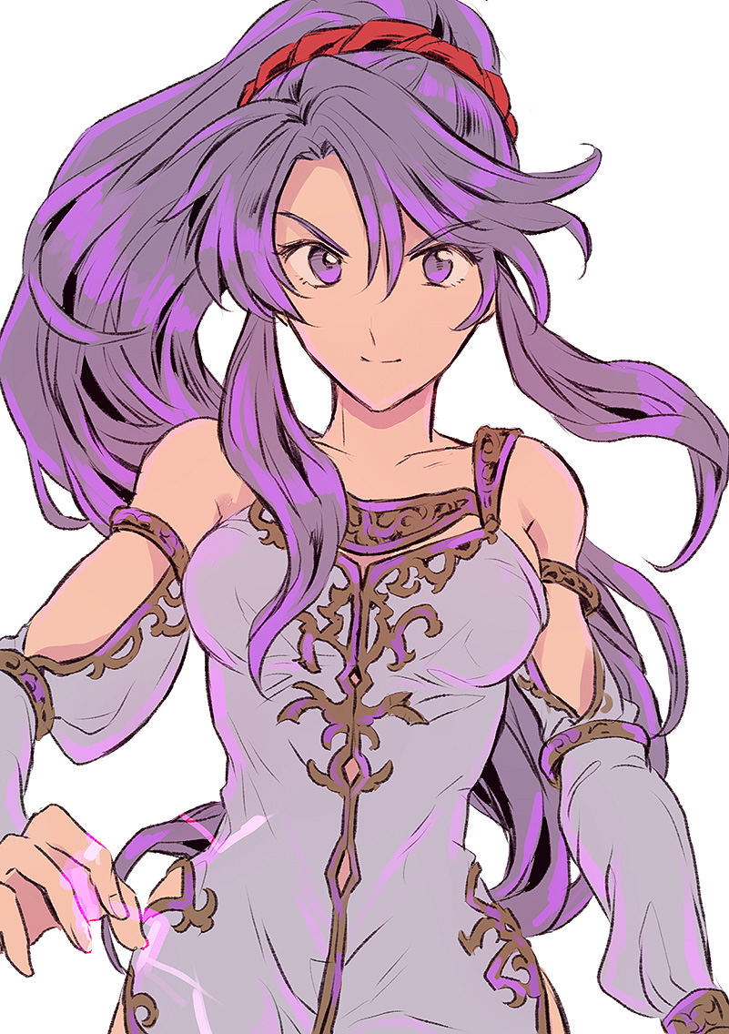 1girl character_request collarbone detached_sleeves dress fire_emblem grey_dress hair_between_eyes hair_ornament long_sleeves looking_at_viewer nintendo noshima shiny shiny_hair simple_background sleeveless sleeveless_dress smile solo upper_body violet_eyes white_background