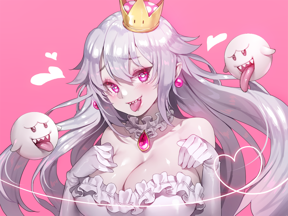 1girl bangs bare_shoulders blush boo breasts cleavage crown earrings eyebrows_visible_through_hair eyeshadow floating frills ganik gem ghost gloves grey_hair hair_between_eyes hands_on_own_chest hands_up heart heart-shaped_pupils heart_of_string jewelry large_breasts long_hair looking_at_viewer makeup super_mario_bros. neck_garter new_super_mario_bros._u_deluxe nintendo pink_background pointy_ears princess_king_boo sharp_teeth shiny shiny_hair simple_background smile strapless super_crown symbol-shaped_pupils symbol_commentary teeth tongue tongue_out upper_teeth very_long_hair white_gloves