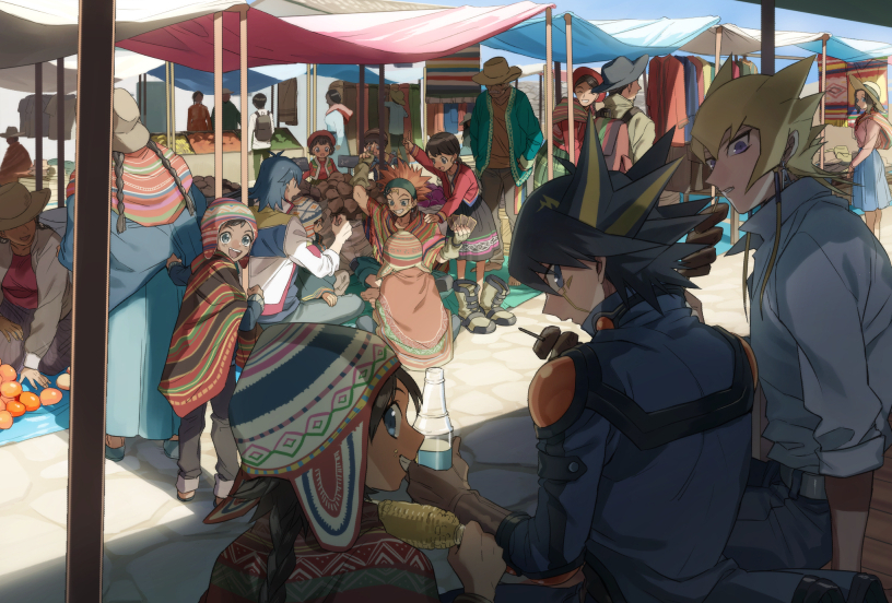 :d arm_support arm_up bandanna belt black_hair blonde_hair blue_eyes blue_jacket blue_pants boots bottle braid brown_gloves brown_hair brown_pants crow_hogan day facial_mark food fudou_yuusei gloves grey_hat grin hands_in_pocket highlights holding holding_bottle holding_food jack_atlas jacket leaning_forward looking_back multicolored_hair multiple_boys open_mouth outdoors pants shirt sitting smile torinomaruyaki twin_braids water_bottle white_shirt yu-gi-oh! yuu-gi-ou_5d's