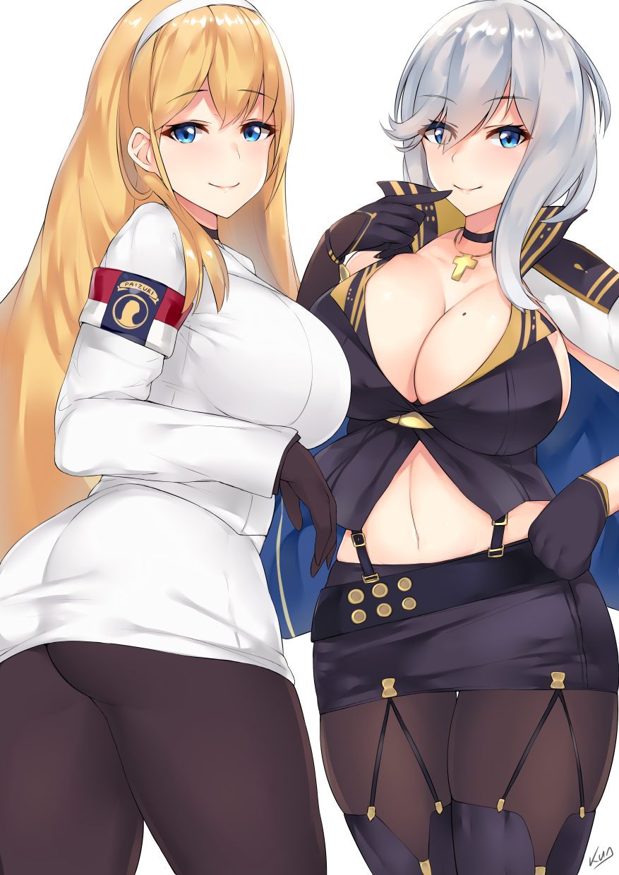 2girls armband ass azur_lane bangs belt black_choker black_gloves black_legwear black_skirt black_vest blonde_hair blue_cape blue_eyes boots breasts cape choker cleavage closed_mouth clothes_writing commentary_request cross cross_necklace eyebrows_visible_through_hair eyes_visible_through_hair finger_to_mouth garter_straps gloves grey_hair hairband highres jewelry kuavera large_breasts lipstick long_hair long_sleeves makeup miniskirt mole mole_on_breast multiple_girls navel necklace north_carolina_(azur_lane) pantyhose partial_commentary pencil_skirt pink_lips signature simple_background skirt smile stomach straight_hair thigh-highs thigh_boots thigh_gap very_long_hair vest washington_(azur_lane) white_background white_hairband white_skirt