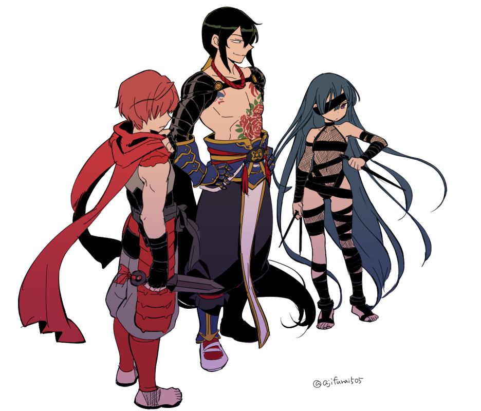 1girl 2boys asaya_minoru bare_shoulders black_hair black_pants blue_hair chest_tattoo closed_mouth fate/grand_order fate_(series) fishnets fuuma_kotarou_(fate/grand_order) gauntlets grey_shirt grey_shorts hands_on_hips holding kunai leotard long_hair looking_at_viewer looking_away low_ponytail mochizuki_chiyome_(fate/grand_order) multiple_boys navel one_eye_covered pants ponytail profile puffy_pants puffy_shorts red_scarf redhead scarf shirt shirtless shoes short_shorts shorts simple_background sleeveless sleeveless_shirt smile standing tattoo twitter_username very_long_hair violet_eyes weapon white_background white_footwear yan_qing_(fate/grand_order)