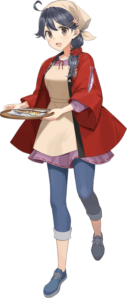 1girl alternate_costume alternate_hairstyle apron bandanna blue_hair brown_eyes drew_(drew213g) fish food gloves hair_between_eyes hair_ornament hairclip happi japanese_clothes kantai_collection leg_up medium_hair official_art open_mouth pants pantyhose red_apron red_scrunchie saury scrunchie shirt sidelocks smile tied_hair tray ushio_(kantai_collection)