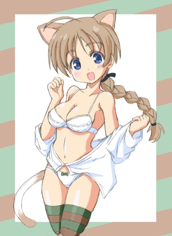:d ahoge animal_ears black_ribbon blue_eyes border bow bow_panties bra braid breasts brown_hair brown_legwear cat_ears cat_tail cleavage commentary crotch_seam dress_shirt ehime_mikan eyebrows_visible_through_hair green_legwear hair_ribbon hair_tie head_tilt long_sleeves lynette_bishop medium_breasts multicolored multicolored_clothes multicolored_legwear multicolored_stripes navel no_pants off_shoulder open_mouth outside_border panties ribbon shirt single_braid skindentation smile strike_witches striped tail thighs underwear white_bra white_panties white_shirt world_witches_series