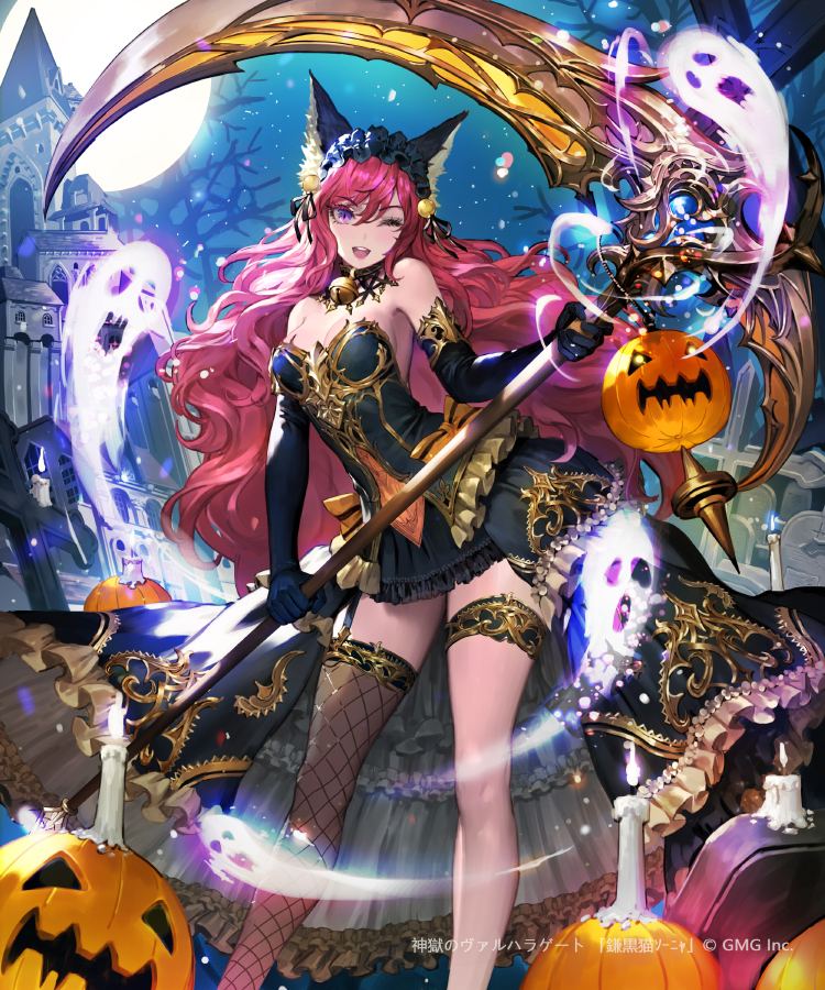 1girl ;d animal_ears bare_shoulders bare_tree black_dress black_gloves bow candle castle cross dress elbow_gloves fishnet_legwear fishnets full_body full_moon garter_straps ghost gloves holding holding_scythe jack-o'-lantern long_hair moon neck_bell night night_sky official_art one_eye_closed open_mouth orange_bow outdoors pink_hair scythe shingoku_no_valhalla_gate single_thighhigh sky smile solo standing thigh-highs thigh_strap tob tombstone tree very_long_hair