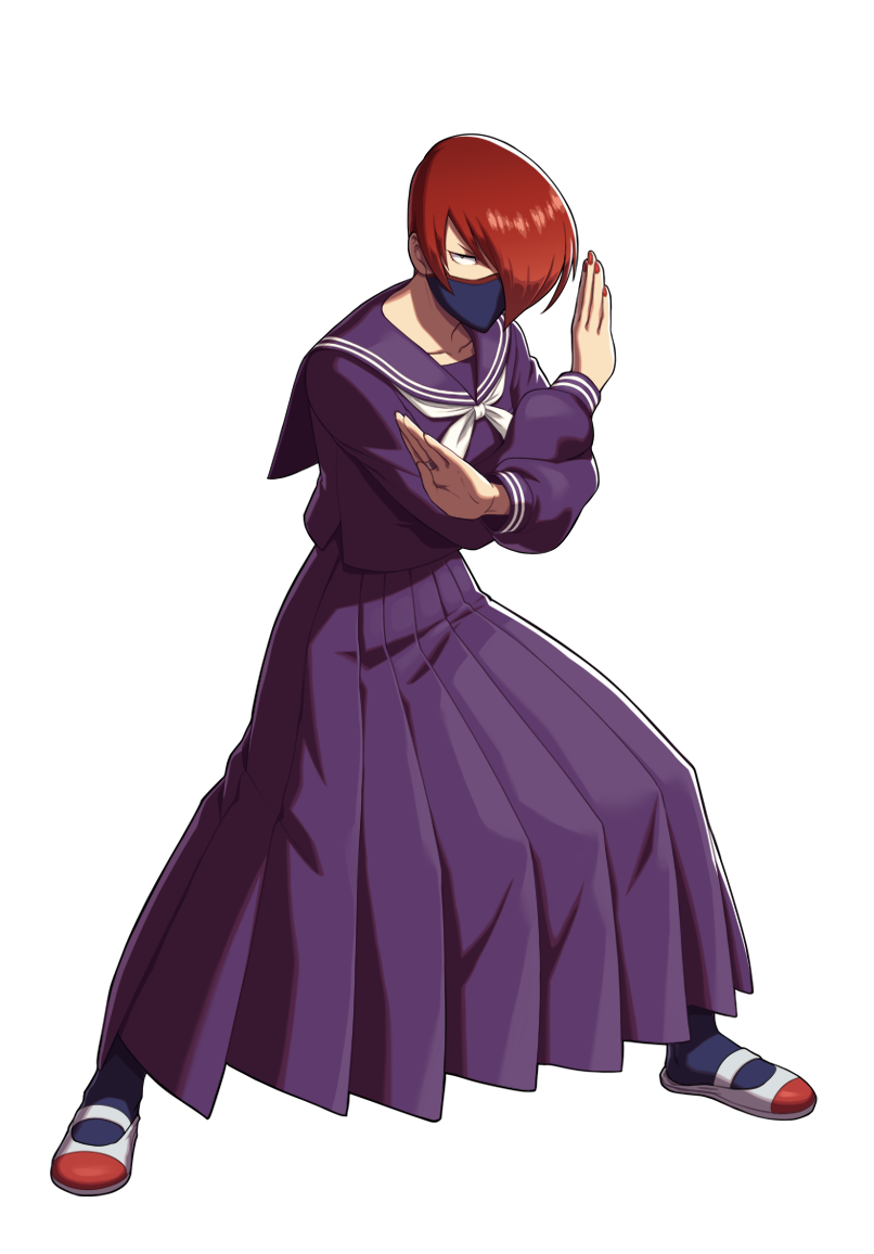 1girl crossed_arms face_mask full_body genderswap genderswap_(mtf) hair_over_one_eye long_skirt looking_at_viewer mask miss_x nail_polish official_art pantyhose pleated_skirt pose red_nails redhead school_uniform serafuku shoes short_hair skirt snk_gals_fighters snk_heroines:_tag_team_frenzy transparent_background uwabaki yagami_iori