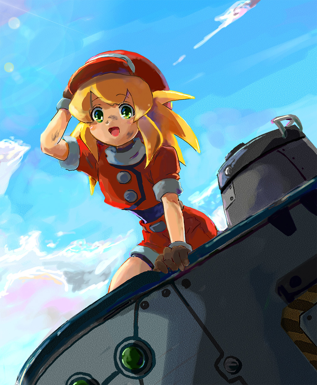 1girl :d belt blonde_hair blush breasts brown_gloves buttons cabbie_hat clouds commentary_request day dinef gloves green_eyes hat highres jacket long_hair looking_at_viewer open_mouth red_jacket rockman rockman_dash roll_caskett short_sleeves shorts sky smile solo