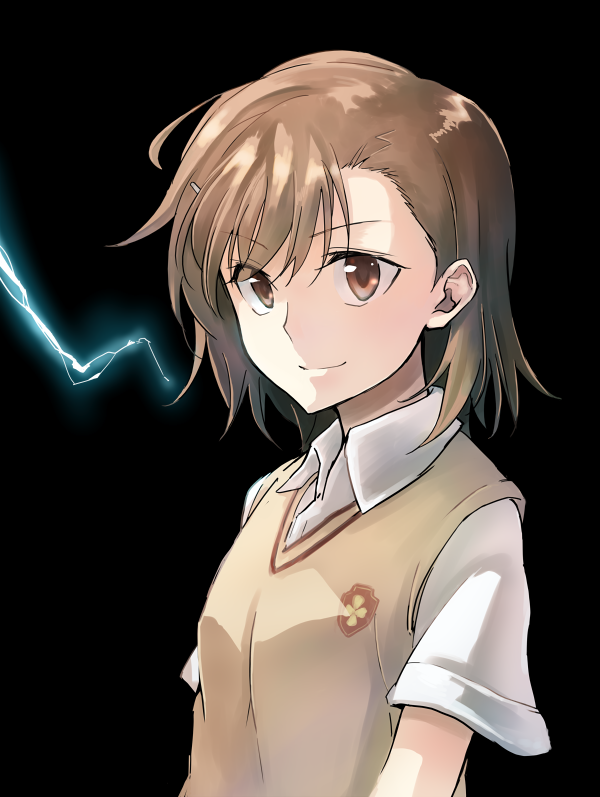 1girl biribiri black_background brown_eyes brown_hair grey_vest hair_ornament hairclip looking_at_viewer misaka_mikoto mitsunara shirt short_hair short_sleeves simple_background smile solo to_aru_majutsu_no_index tokiwadai_school_uniform upper_body vest white_shirt