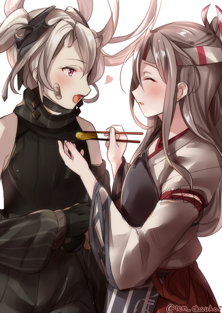 2girls abyssal_crane_hime apron bandaid bandaid_on_face black_sweater chopsticks closed_eyes commentary_request cowboy_shot detached_sleeves feeding grey_hair hachimaki hair_between_eyes headband high_ponytail horns japanese_clothes juurouta kantai_collection long_hair multiple_girls muneate omelet ponytail red_eyes red_shorts remodel_(kantai_collection) shinkaisei-kan shorts sweater sweater_vest tamagoyaki twitter_username white_hair zuihou_(kantai_collection)