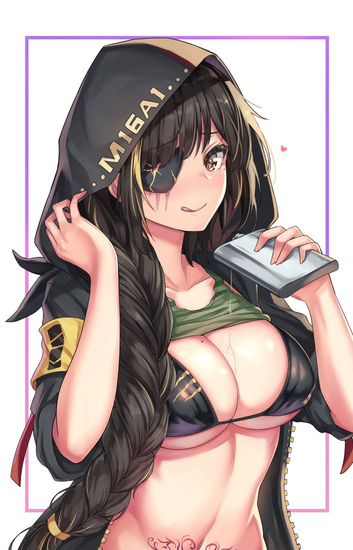 1girl alcohol armband bangs bikini black_bikini black_hair blonde_hair blush braid breasts cenangam character_name eyepatch floating_heart girls_frontline hand_up holding_flask hood hood_up hooded_jacket jacket large_breasts licking_lips long_hair looking_at_viewer m16a1_(girls_frontline) mole mole_on_breast mole_under_eye multicolored_hair navel outside_border pouring scar scar_across_eye scarf single_braid smile stomach streaked_hair swimsuit tank_top_lift tattoo toned tongue tongue_out unzipped upper_body