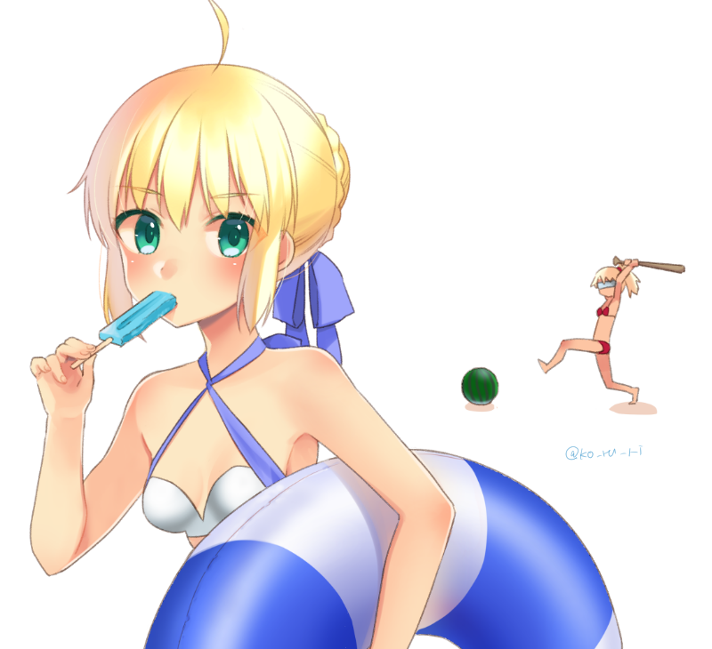 2girls ahoge arms_up artoria_pendragon_(all) bangs bare_arms bare_shoulders baseball_bat bikini blindfold blonde_hair blue_bikini bow braid breasts carrying_under_arm eyebrows_visible_through_hair fate/grand_order fate_(series) fingernails food fruit green_eyes hair_between_eyes hair_bow hair_bun hand_up holding holding_baseball_bat holding_food innertube koruri looking_at_viewer mordred_(fate)_(all) mordred_(swimsuit_rider)_(fate) multiple_girls popsicle red_bikini saber sidelocks small_breasts standing standing_on_one_leg swimsuit twitter_username watermelon white_background white_bikini