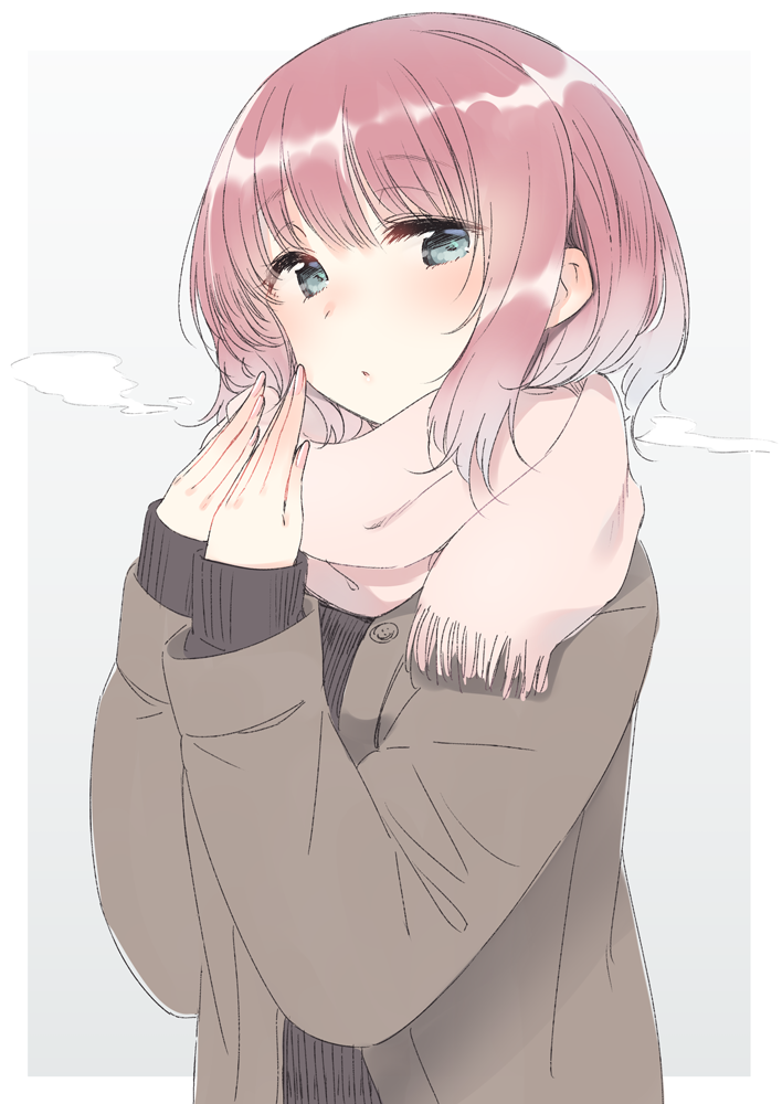 1girl bangs blue_eyes blush breath commentary_request enpera eyebrows_visible_through_hair fingernails hands_up long_sleeves looking_at_viewer nekoume original pink_hair pink_scarf scarf short_hair solo upper_body