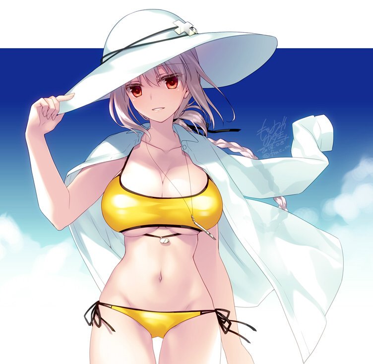 1girl adjusting_clothes adjusting_hat bikini braid breasts chaldea_lifesavers cleavage clouds fate/grand_order fate_(series) florence_nightingale_(fate/grand_order) hat jewelry large_breasts long_hair motomiya_mitsuki navel necklace red_eyes shirt shirt_on_shoulders side-tie_bikini signature sky smile solo sun_hat swimsuit under_boob white_hair white_hat white_shirt yellow_bikini