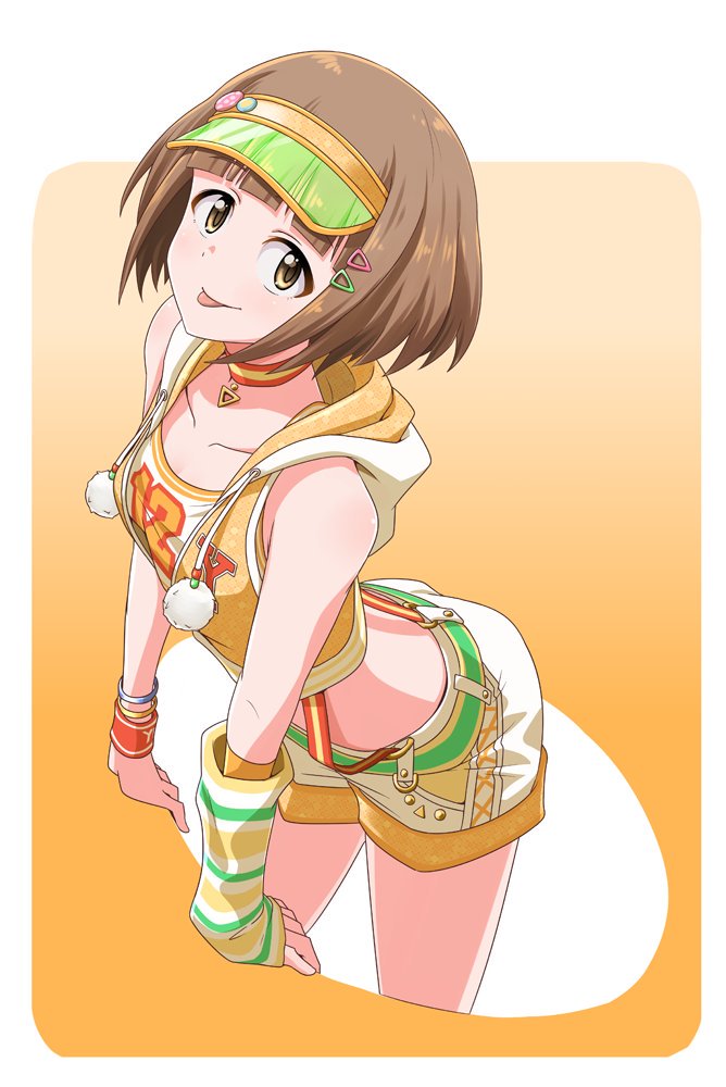 1girl :p arm_support bracelet brown_eyes brown_hair character_request choker collarbone crop_top detached_sleeves hair_ornament hairclip hige_(com) hood hooded_jacket idolmaster idolmaster_cinderella_girls jacket jewelry leaning_forward looking_at_viewer midriff shiny shiny_hair short_hair short_shorts shorts single_sleeve sleeveless sleeveless_jacket solo standing suspender_shorts suspenders tongue tongue_out white_shorts wristband yellow_jacket
