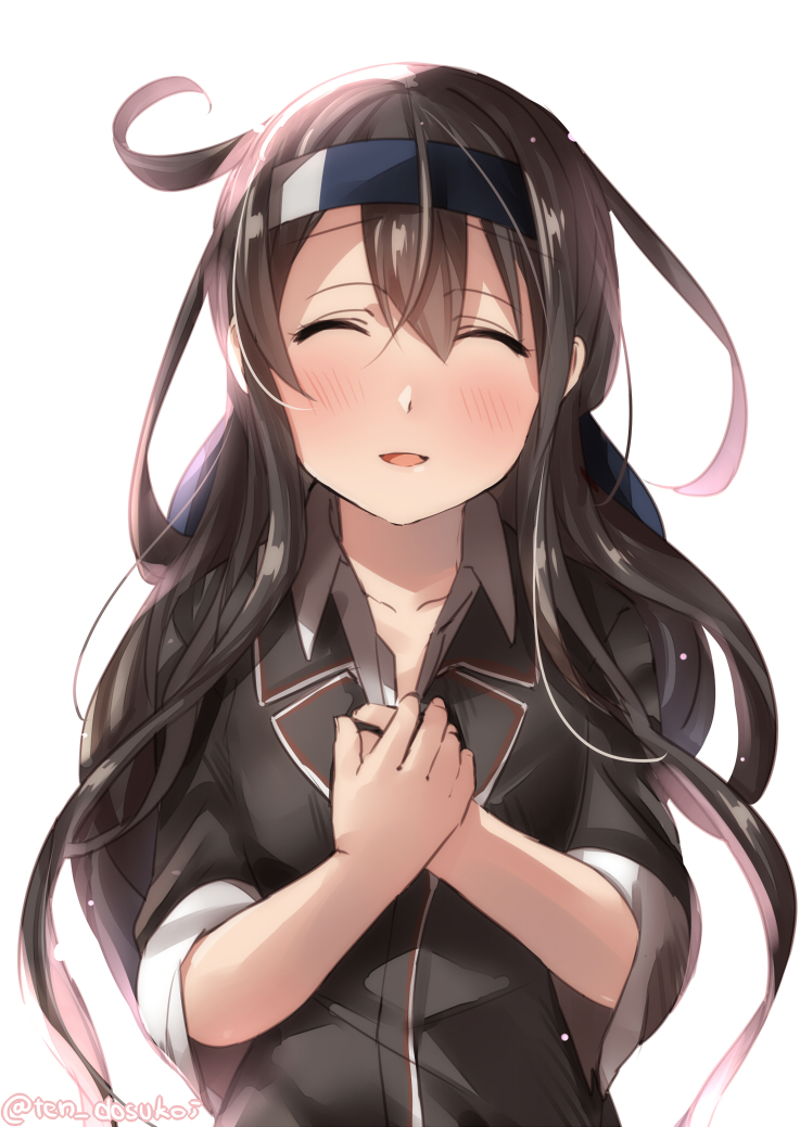 1girl :d ^_^ ^o^ bangs black_jacket blazer bloom breasts character_request closed_eyes closed_eyes collarbone collared_shirt commentary_request dress_shirt facing_viewer grey_shirt hair_between_eyes hands_up hatsushimo_(kantai_collection) jacket juurouta kantai_collection long_hair long_sleeves open_mouth shirt sketch_eyebrows smile solo white_background wing_collar