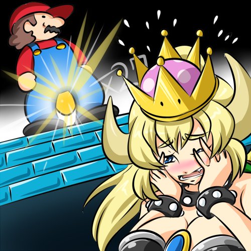 1boy 1girl black_dress blonde_hair blue_eyes blush bowsette bracelet breasts brooch cleavage coin collar commentary covering_face dress embarrassed frown gameplay_mechanics hands_on_own_face horns jewelry kogane_(staygold) large_breasts light_rays long_hair lowres mario super_mario_bros. new_super_mario_bros._u_deluxe nintendo one_eye_closed open_mouth sharp_teeth spiked_bracelet spiked_collar spikes strapless strapless_dress super_crown super_mario_bros. teeth